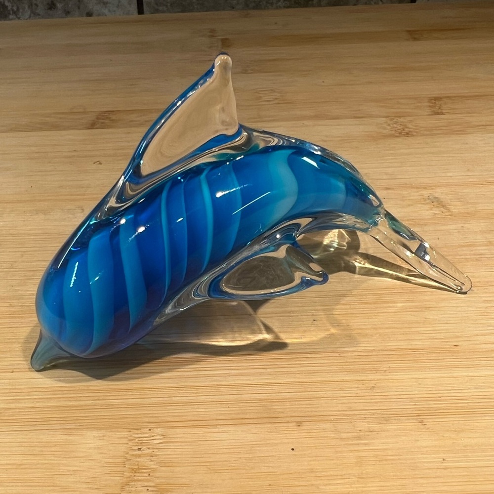 Vintage Glass Dolphin Art Glass Paperweight Blue Swirl Hand Blown Glass 5”